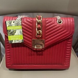 Badgley Mischka Cherry Red Quilted Shoulder Bag with Gold Chain